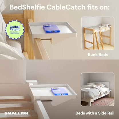 BedShelfie Bedside Shelf for Dorm Room - Cable Catch, White | Bunk Bed & Top Bunk, College Dorm Room Essentials, Bedside Caddy, Clip on Floating Desk Tray, Bed Side Table, Loft Nightstand - color: White