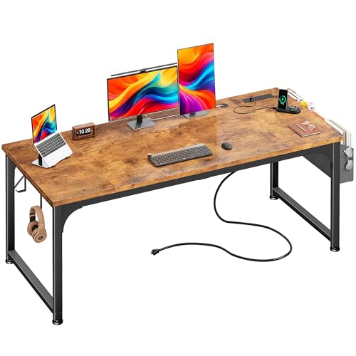 DurayLoly 47" Study Computer Desk with Thicken Frame, RGB LED&Power Outlets | 24" Widened Desktop,Detachable Stand, Hooks & Storage Bag, 110LBS Capacity, Home Office Desk, Brown - color: Brown, size: 47 Inch