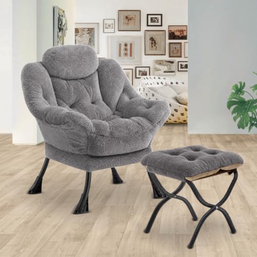 Lazy Chair with Folding Ottoman,Leisure Sofa Chair,Soft Fabric Armchair with Armrests and Side Pockets, Reading Chair with Footrest for Living Room, Bedroom, Office (Plush Light Grey) - color: Plush Light Grey