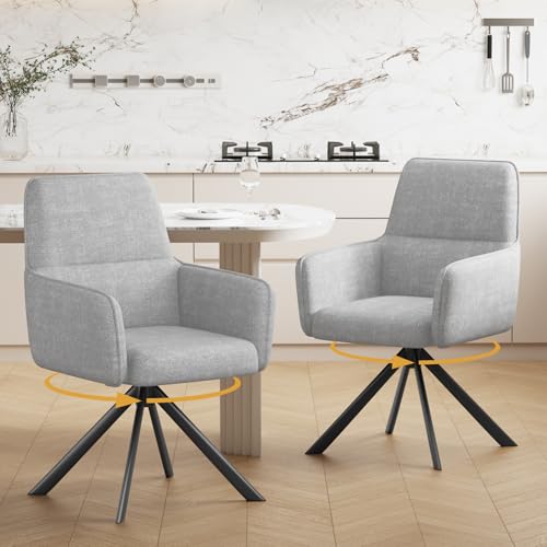 360°Swivel Dining Chairs Set of 2, Modern Upholstered Dining Room Chairs with Thicken Cushion, Dining Chairs with Armrests Swivel Kitchen Chairs for Living Room, Chenille, LightGrey - color: Lightgrey, size: Set of 2
