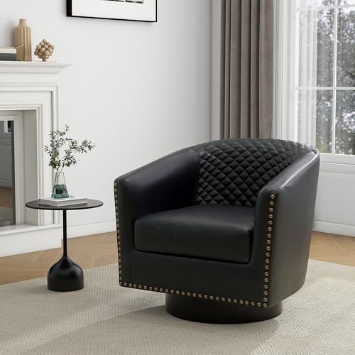 Faux Leather Swivel Accent Chair, Modern Barrel Club Armchair, Black | Comfy Living Room Chair, Modern Nailhead Trim Round Armchair Bedroom Reading Seat with Removable Cushion, Wood Frame - color: Retro Black