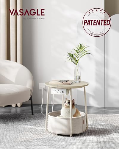 VASAGLE LILEA Collection - Side Table with Charging Station, Round End Table with Fabric Basket, Nightstand with USB Ports, for Living Room, Bedroom, Modern, Cream White ULET228N01 - color: Cream White