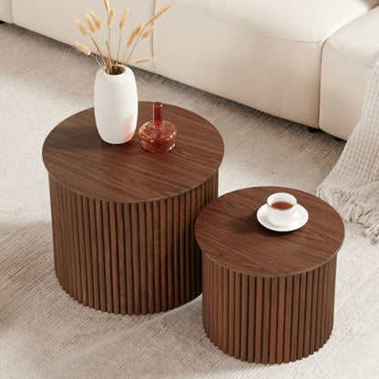 Small Fluted Round Nesting Coffee Table Set of 2, Mid Century Modern Coffee Table Circle Side Table, Wood Nesting Table Farmhouse End Tables Set for Living Room, Bedroom, Small Spaces(Walnut - color: Walnut, size: Small