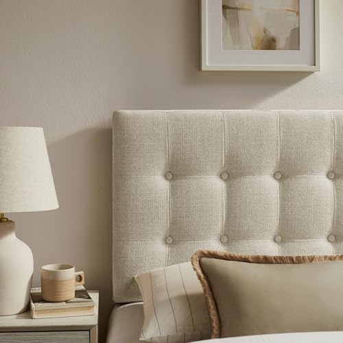 Modway Emily Twin Size Fabric Headboard in Linen - Linen-Like Upholstery with Button Tufting and 7 Adjustable Height Positions - color: Linen, size: Twin