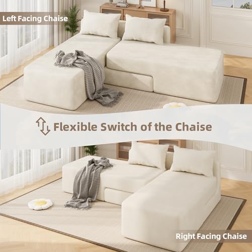 Boneless Sectional Couch, 4 in 1 Convertible Cloud Couch with Reversible Chaise & Deep Seat, Modular Sectional Sofa for Apartment, No Assembly Chenille Foam Couch in a Box, Beige - color: Beige, size: 89" Convertible Chaise Chenille