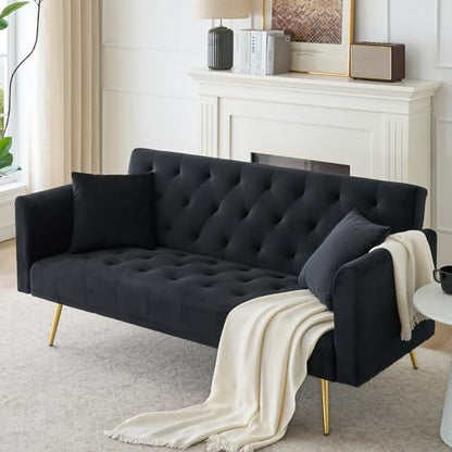 71" Modern Velvet Sofa Bed Futon, Convertible Sleeper Couch, Adj. Backrest | Tufted Recliner Loveseat Design with Golden Chrome Legs & 2 Pillows, Perfect for Small Spaces, Living Room, Apartment - color: Black