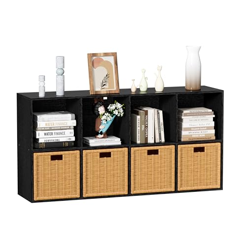8 Cube Storage Organizer, 11 in Black Cube Shelf, Wood Cubby Storage Organizer with Back Panel & Open Compartments, Vertical or Horizontal Cube Bookshelf Bookcase for Living Room, Bedroom, Entryway - color: Black, size: 8 Cube-11in