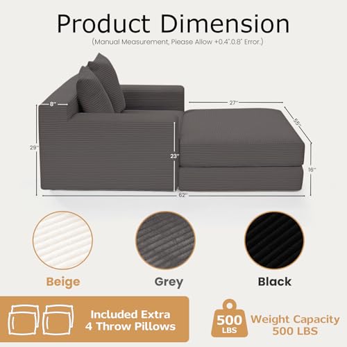 cidludto Convertible Futon Sofa Bed with Ottoman, 5 in 1 Folding Couch Bed Loveseat, Corduroy Boneless Couch with Deep Seat for Living Room Chaise Lounge Chair Indoor, No Assembly Required, Grey - color: Grey, size: Sofa Bed-55''