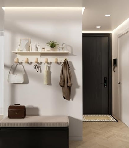 Wall Hooks with 22'' Shelf Coat Rack Wall Mount with 6 Hooks Entryway Hanging Shelf with Storage for Bathroom, Living Room, Bedroom, Modern Floating Wall Shelves with Hooks (Cream White)