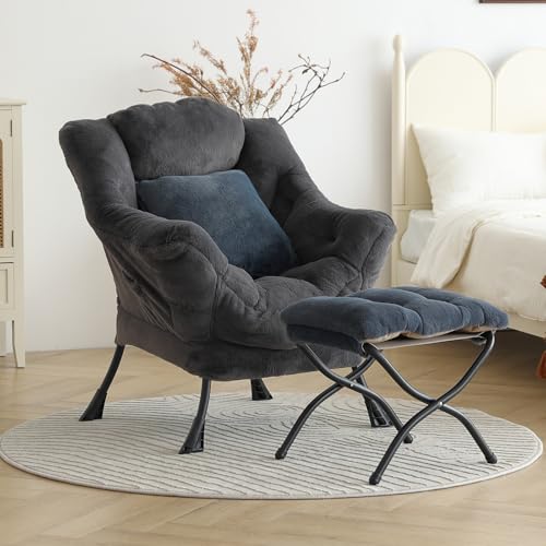 Lazy Chair with Ottoman, Plush Reading Chair with Pillow， Gray | Removable machine-washable cover; includes an extra throw pillow; cozy accent chair for living room, bedroom, dorm or office - color: Plush Blue-gray-1