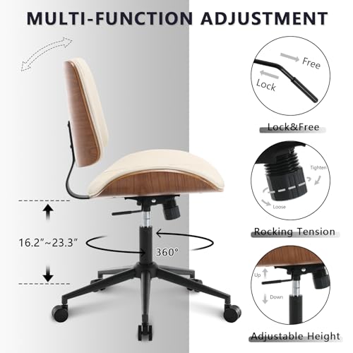 Home Office Chair No Arms with Wheels, Adjustable Height Small Desk Chair, PU Leather Mid Back 360 Swivel Computer Chair, Armless Modern Walnut Chair for Office, Reading Meeting Room(Beige) | Adjustable Height Small Desk Chair, PU Leather Mid Back 360 Swi