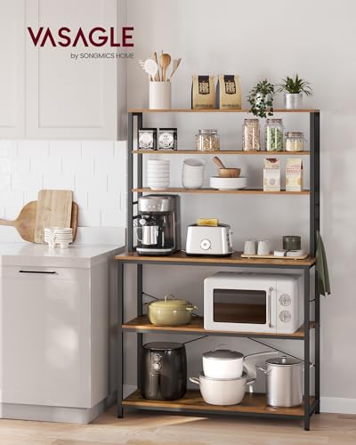VASAGLE Coffee Bar, 39.4 Inches Baker's Rack for Kitchen with Storage, 6-Tier Kitchen Shelves with 6 Hooks, Microwave Stand, Industrial, Rustic Brown and Ink Black UKKS039K01 - color: Rustic Brown + Ink Black, size: 39.4"W, style: No Power Outlet