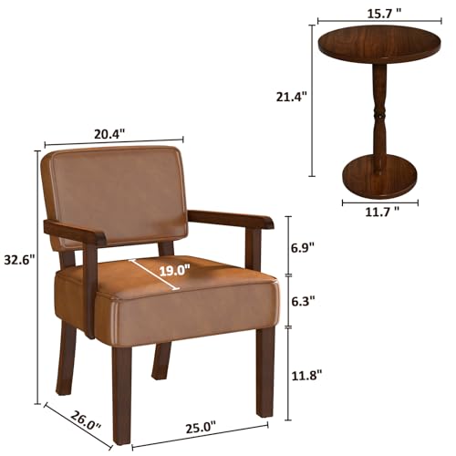Accent Chairs Set of 2, 2 Solid Wood Armchairs with Side Table | Faux Leather Chair with Soft Thicken Cushion, Comfy Reading Chair for Bedroom, Waiting Room, Home Office, Easy Assembly - color: Faux Leather Brown, size: Set of 2 with table