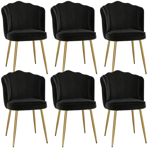 VECELO Velvet Dining Chairs Set of 6, Modern Upholstered Kitchen Chairs with Thick Cushions, Curved Padded Backrest and Metal Legs, for Kitchen, Dining Room, Living Room, Black - color: Black, size: Set of 6