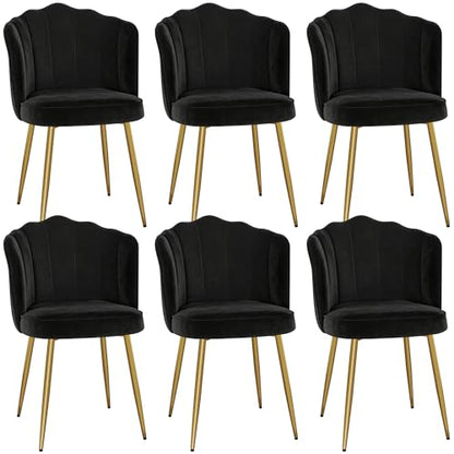VECELO Velvet Dining Chairs Set of 6, Modern Upholstered Kitchen Chairs with Thick Cushions, Curved Padded Backrest and Metal Legs, for Kitchen, Dining Room, Living Room, Black - color: Black, size: Set of 6