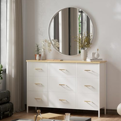 VASICAR Wide TV Stand Modern TV Console, 9 Drawers Dresser for Bedroom | Fabric Storage Cabinet, Chest of Drawers for Closet, Nursery, Living Room（Classic White） - color: White-retro Top