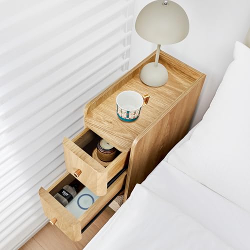 Narrow Nightstand Set of 2, Wooden Small 2 Drawer Nightstand, Slim Side End Table, Skinny Bedside Table, Mid Century Modern Night Stand with Drawers for Bedroom (Natural 2-2 pcs) - color: Natural 2-2 Pcs