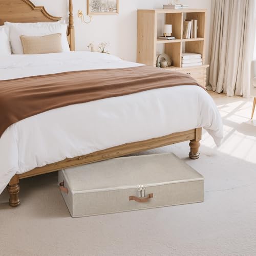 StorageWorks 6 Inch Low Profile Under Bed Clothes Storage Bins with Lids | Reinforced Structure, Resists Sagging, Handles & Label Holder, Foldable Stackable Closet Storage for Clothes, Blankets, Toys - color: Taupe, size: 33"L × 17"W × 6"H