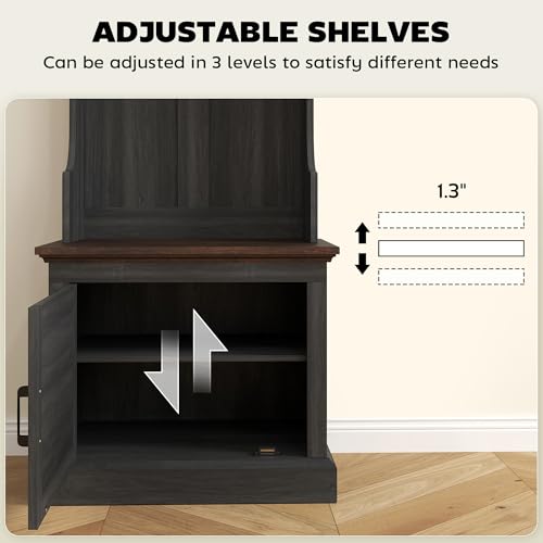 HOMCOM 3-in-1 Hall Tree with Shoe Storage, Shoe Bench, Black Wood Grain | Standing Coat Rack, Entryway Furniture, Three Hooks - color: Black Wood Grain