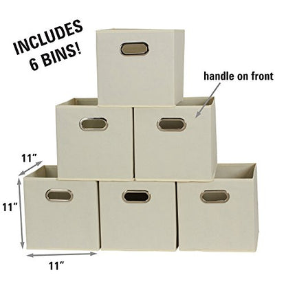 Fabric Storage Bins 6 Piece Set, Strong Poly-Woven Fabric, Sturdy Chipboard Sides, Grommet Front Handle, Stackable and Foldable, Classic Design, Cream - color: Cream, size: 11” L x 11” W x 11” H