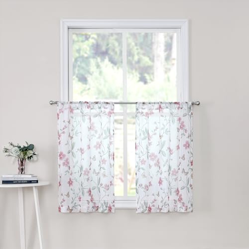 Tollpiz Sheer Floral Tier Curtain Pink Flower Butterfly Printed Half Window Curtains Rod Pocket Kitchen Voile Faux Linen Curtain for Bathroom, 30 x 36 inches Long, Set of 2 Panels - color: Pink, size: 30"W x 36"L (Pack of 2)