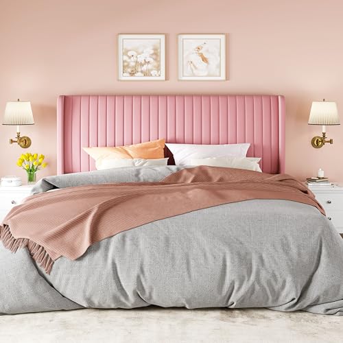 Allewie King Size Velvet Bed Frame/Vertical Channel Tufted Wingback Headboard/Upholstered Platform Bed/Strong Wooden Slats/No Box Spring Needed/Easy Assembly/Pink - color: Pink, size: King