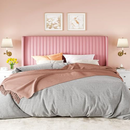 Allewie King Size Velvet Bed Frame/Vertical Channel Tufted Wingback Headboard/Upholstered Platform Bed/Strong Wooden Slats/No Box Spring Needed/Easy Assembly/Pink - color: Pink, size: King