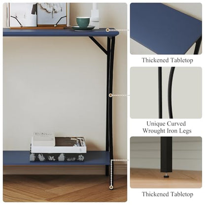 ARTPOWER Wood Narrow Console Table with Built-in Power Outlets, Blue | Slim Behind Couch Sofa Table with Charging Station, Skinny Entryway Table with Open Shelf for Living Room, Hallway, Foyer - color: Blue, size: 1-pack