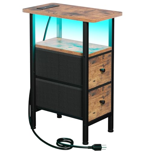 Narrow End Table with Charging Station, Small Nightstand | Skinny Side Tables Living Room with 2 Fabric Drawers, Bedside Table with LED Lights for Bedroom, Small Spaces, Rustic Brown - color: Rustic Brown + Black, size: 23.22''H (2 Drawers), style: Power