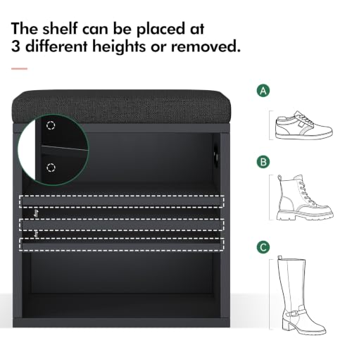 2 Tier Small Shoe Storage Bench Black US-FHXD01B | hold up to 4 pairs of shoes, with Adjustable Middle Shelf, Padded Seat Cushion,cut-out handle - color: Black
