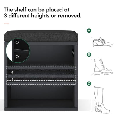 2 Tier Small Shoe Storage Bench Black US-FHXD01B | hold up to 4 pairs of shoes, with Adjustable Middle Shelf, Padded Seat Cushion,cut-out handle - color: Black