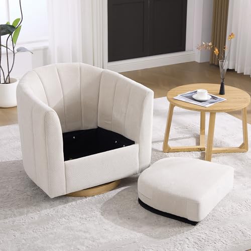 YaFiti Modern Swivel Accent Chair 1 pcs, Round Barrel Club Armchair, Cream | Premium Chenille Fabric, High-resilience Foam, Solid Wood Base, 350lbs Capacity, Upholstered Armchair for Living Bedroom - color: Cream