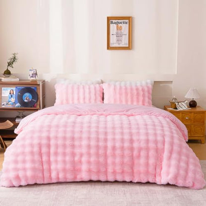 Fluffy Pink Duvet Cover Queen Set, Soft Shaggy Plush Rabbit Bedding Set 3 Pieces (1 Fuzzy Comforter Cover + 2 Faux Fur Pillow Cases) Bed Set, Zipper Closure（Pink, Queen） - color: Pink, size: Queen