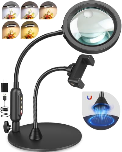 30X 10X Magnifying Glass with Light and Phone Holder, 5 Color Modes Stepless Dimmable, Optical Grade HD Lens, LED Lighted Magnifier Hands Free with Flexible Gooseneck for Close Work, Craft, Hobby - color: Black, size: 4.3in-16in & Base with Phone Holder