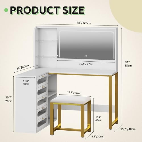 YITAHOME 48" Vanity Desk Set | Makeup Vanity with Mirror and Lights, 3 Lighting Modes - color: White