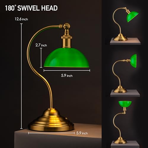 O'Bright Bankers - Cordless LED Table Lamp, Battery-Operated, Rechargeable, 3-Level Dimming, Universal USB-C Charging, 180° Swivel Head, Classic Green Glass Shade, Antique Brass - color: Antique Brass-Green Glass
