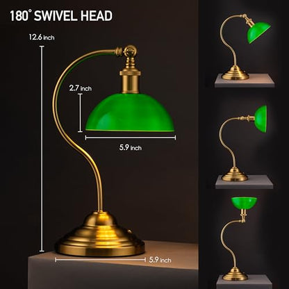 O'Bright Bankers - Cordless LED Table Lamp, Battery-Operated, Rechargeable, 3-Level Dimming, Universal USB-C Charging, 180° Swivel Head, Classic Green Glass Shade, Antique Brass - color: Antique Brass-Green Glass