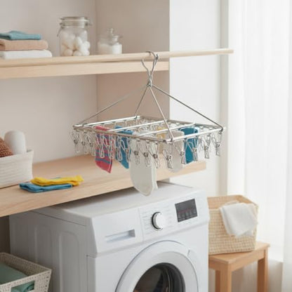17.72 x 11.65 Inch Stainless Steel Drying Rack with Clips, Compact Laundry Organizer for Balcony or Kitchen Sink