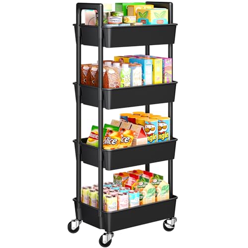 Pipishell 4-Tier Rolling Cart, Plastic Cart with Lockable Wheels & Reinforced Handle, Lightweight Utility Storage for Nursery, Bathroom, Craft Room, Black - color: Black, size: 4-Tier