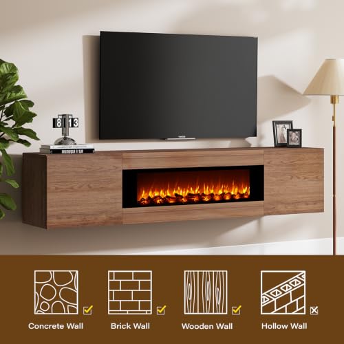EAG 70'' Floating TV Stand with Fireplace, Modern Wall Mounted Entertainment Center with Storage for TVs Up to 80", High Gloss Media TV Console for Living Room, Decorative Faux Fireplace, Brown