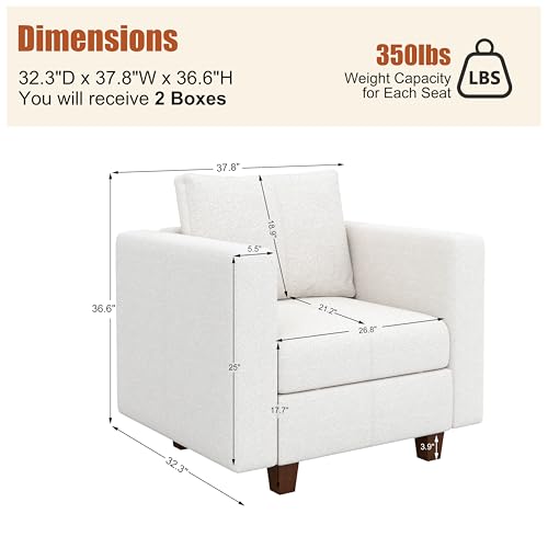 MINCETA Modular Sectional Sofa, Modern Comfy Sofa with Upholstered and Storage Ottoman for Living Room,Bedroom(White, Armchair) - color: White, size: 37.8"W*32.3"D