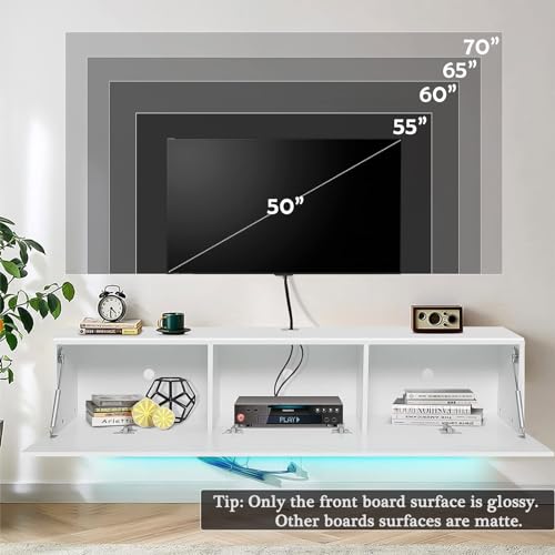 Floating TV Stand with LED for 60 65 70in TV, Glossy Wall Mounted Modern Entertainment Center with Storage, White - size: 63"W x 12"D x 13.5"H