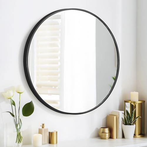 SCWF-GZ 24" Round Mirror Circle Wall Mounted Hanging/Against Wall Black | HD Crystal Clear No distortion Tempered Glass,Aluminum Frame,Make-Up Mirrors for Bedroom,Entryway,Bathroom,Living Room - color: Black, size: 24"L x 24"W