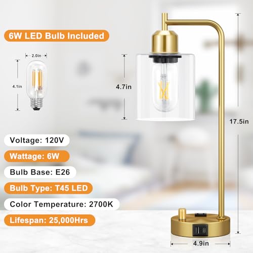 Innqoo Gold Table Lamp for Bedroom - Industrial Bedside Lamp with USB Port and Outlet, Fully Dimmable Nightstand Lamp with Clear Glass Shade, Small Desk Lamps for Home Office - color: Gold Base&Clear Shade