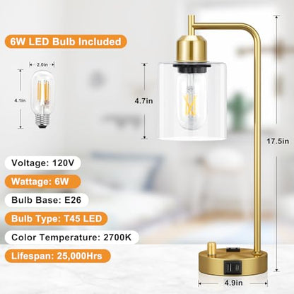 Innqoo Gold Table Lamp for Bedroom - Industrial Bedside Lamp with USB Port and Outlet, Fully Dimmable Nightstand Lamp with Clear Glass Shade, Small Desk Lamps for Home Office - color: Gold Base&Clear Shade