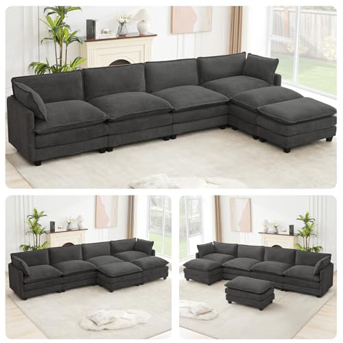 ROWHY Oversized Modular Sectional Couch with 2 Movable Ottoman, 148" Modern Convertible U Shaped Sofa Set, 4 Seat Comfy Cloud Couch with 2 Throw Pillows, for Living Room, Chenille, Charcoal Grey - color: Chenille Dark Grey, size: 6 Seats U-Shaped