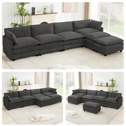 ROWHY Oversized Modular Sectional Couch with 2 Movable Ottoman, 148" Modern Convertible U Shaped Sofa Set, 4 Seat Comfy Cloud Couch with 2 Throw Pillows, for Living Room, Chenille, Charcoal Grey - color: Chenille Dark Grey, size: 6 Seats U-Shaped