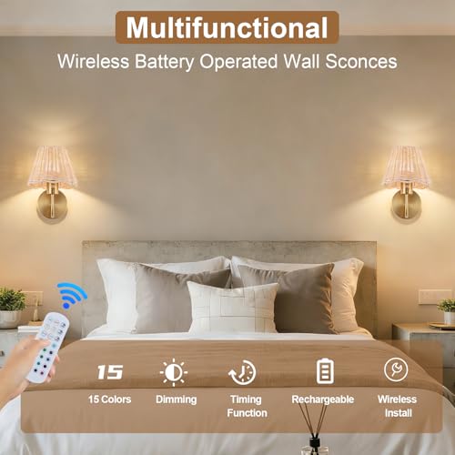 Battery Operated Wall Sconces Set of 2, Rattan Shade Wireless Wall Sconces, RGB Rechargeable Dimmable, Gold Vintage Boho Wall Sconce for Bedroom, Living Room, Hallway Bulbs Included - color: Gold 9.8in