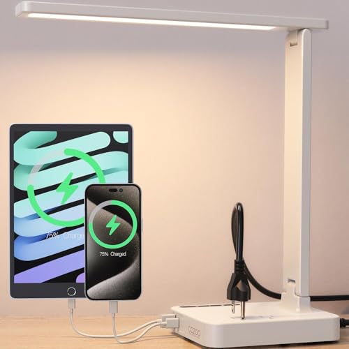 LED Desk Lamp for Dorm Office, USB-C & 2 AC Outlets Charging, White | LED Desk Lamps for Home Office with 2 USB Charging Ports(1 USB-C), 2 AC Outlets, Foldable Small Desk Lamp for Study Reading - color: White