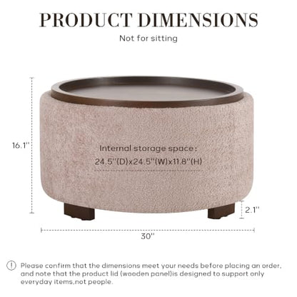 Zihanhome 30" Round Chenille Storage Ottoman Coffee Table with Removable Tray Top, Large Hidden Storage Ottoman, Solid Wood Legs for Living Room, Bedroom, Apartment (Pink) - color: Pink
